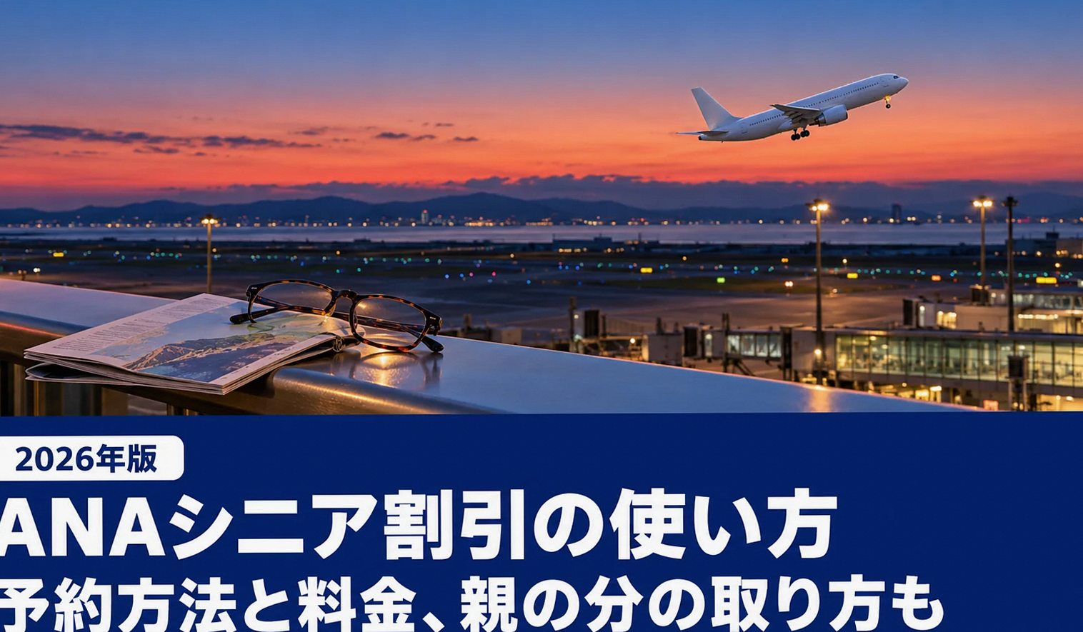 夕方の空港展望デッキから見える離陸する旅客機と、手すりに置いた搭乗案内と老眼鏡
