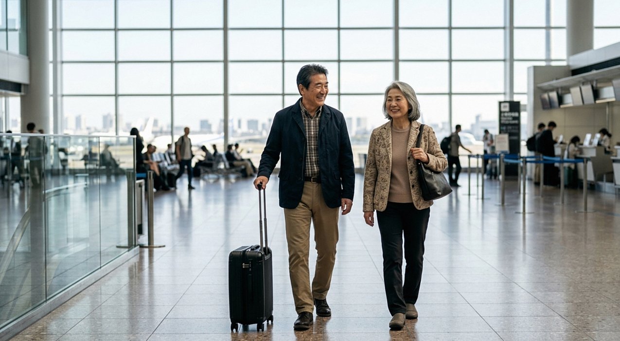 空港の出発ロビーで搭乗口へ向かう60代の日本人夫婦