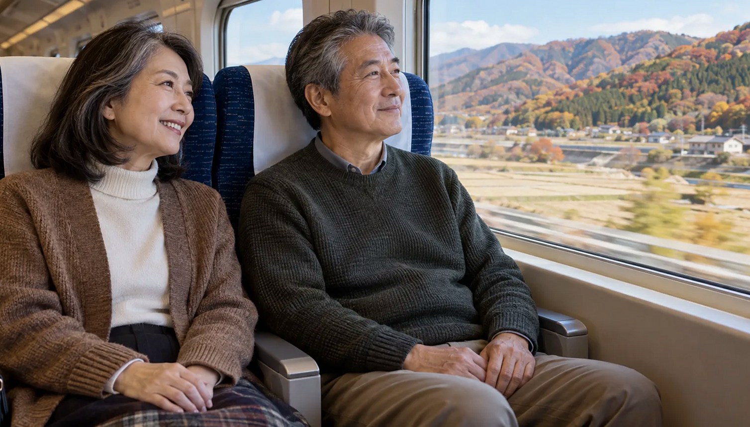 新幹線の車窓から秋の景色を眺める60代の日本人夫婦