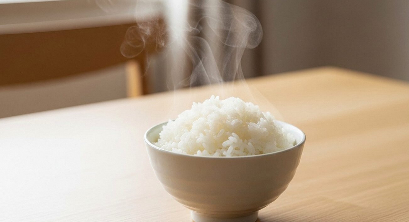炊きたての白ご飯をよそった茶碗と湯気