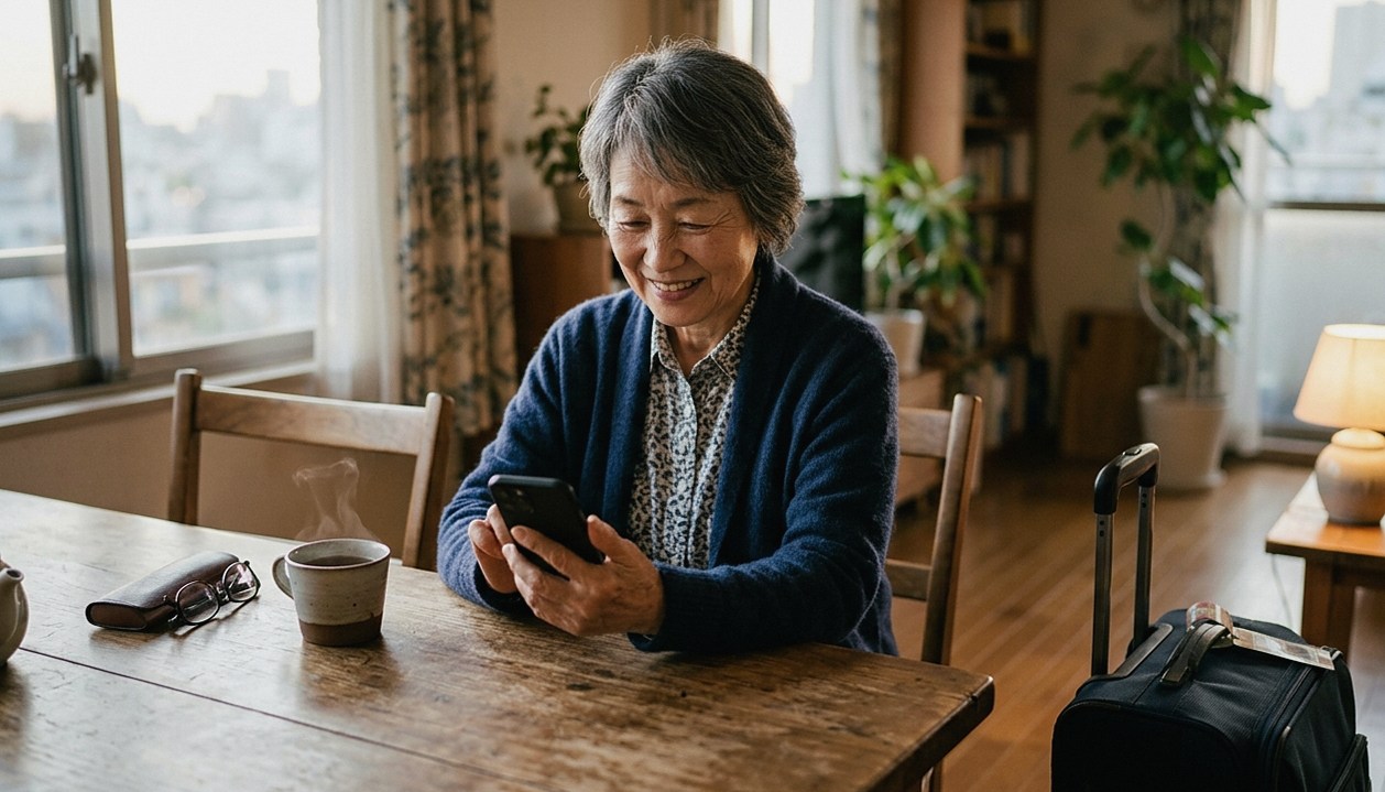 自宅でスマートフォンを見ながら航空券を予約する60代の日本人女性