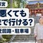 杖をついた母親と娘が古い石段の手すりの前で上り方を確かめている様子