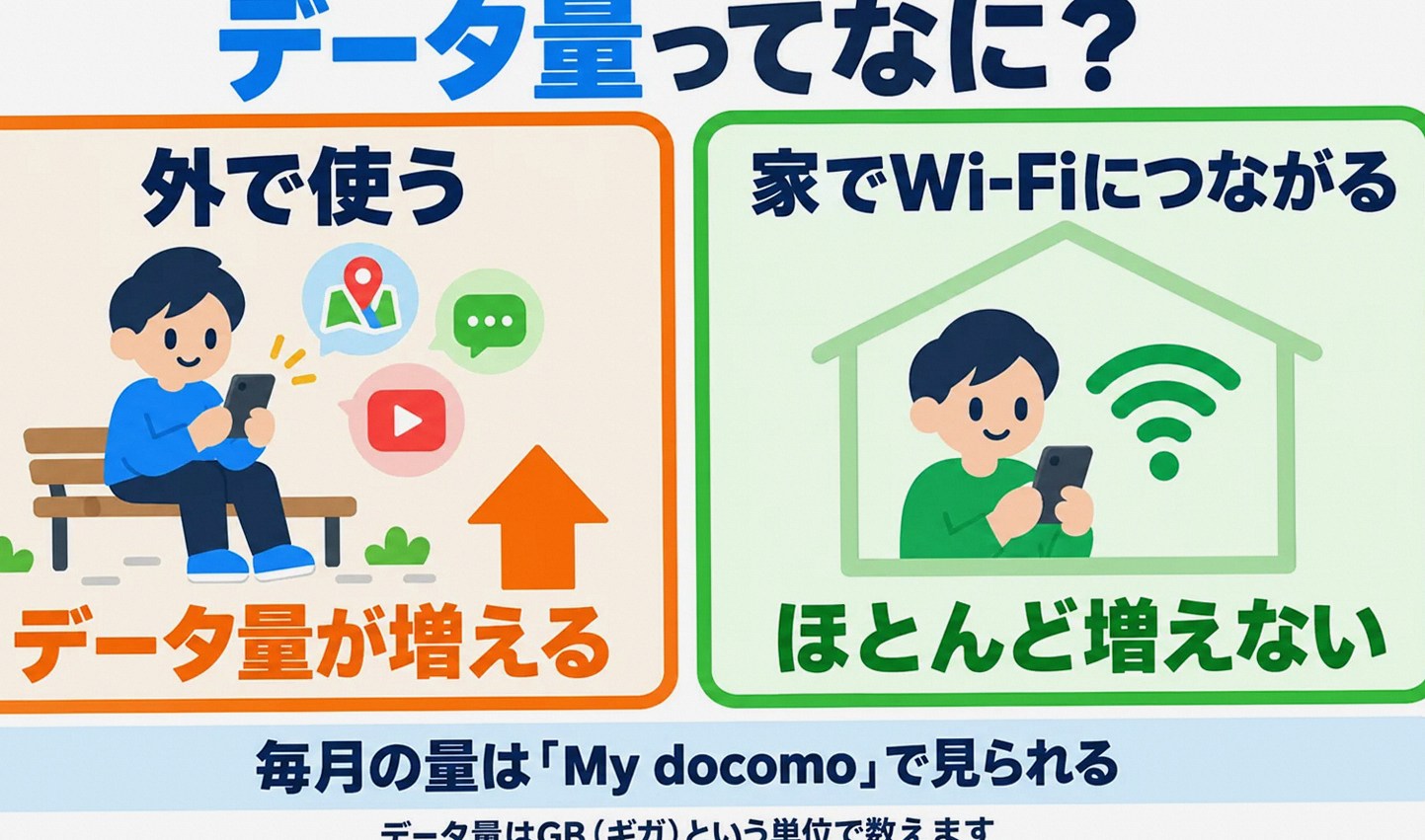 データ量は外でネットやメッセージアプリ・動画を使うと増え、家のWi-Fiではほとんど増えないことを示す図
