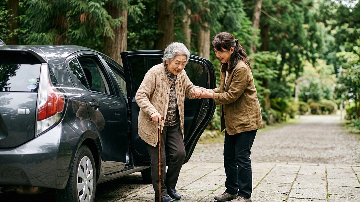 車の後部座席から降りる母親の腕を娘が優しく支えている場面