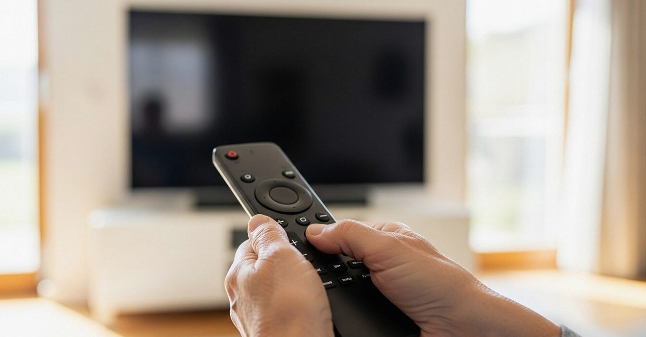 テレビのリモコンを操作する手元のようす