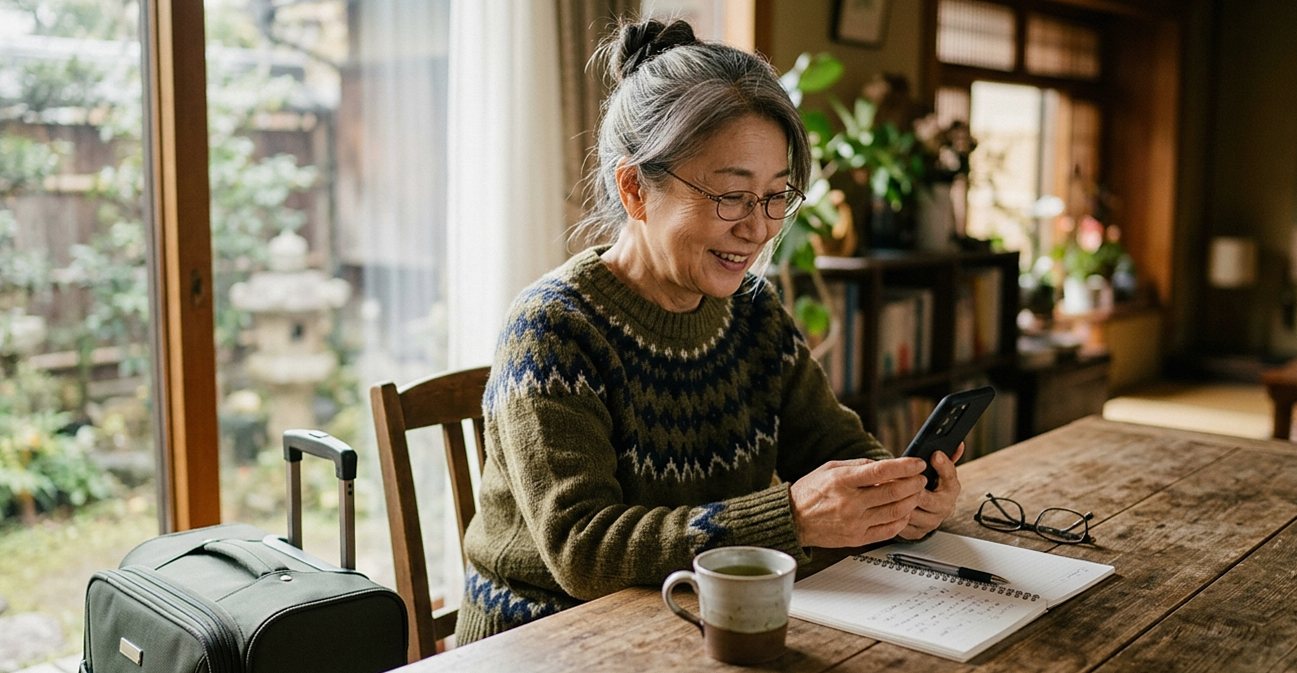 自宅のテーブルでスマートフォンの運賃を確認する60代の日本人女性