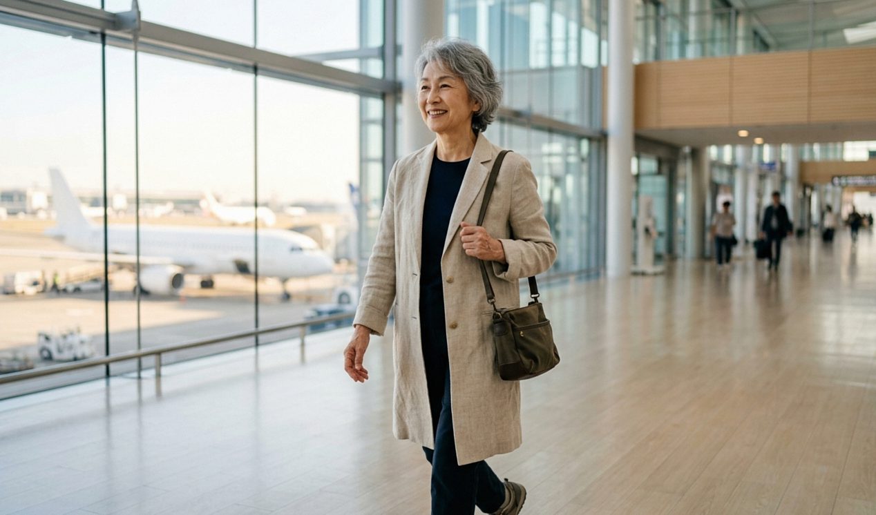 空港の出発ロビーで、窓の外の旅客機を眺めながら歩く60代後半の日本人女性