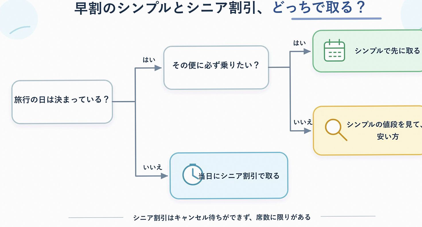 早割のシンプルとシニア割引のどちらで取るかを、はい・いいえで選ぶ分かれ道の図