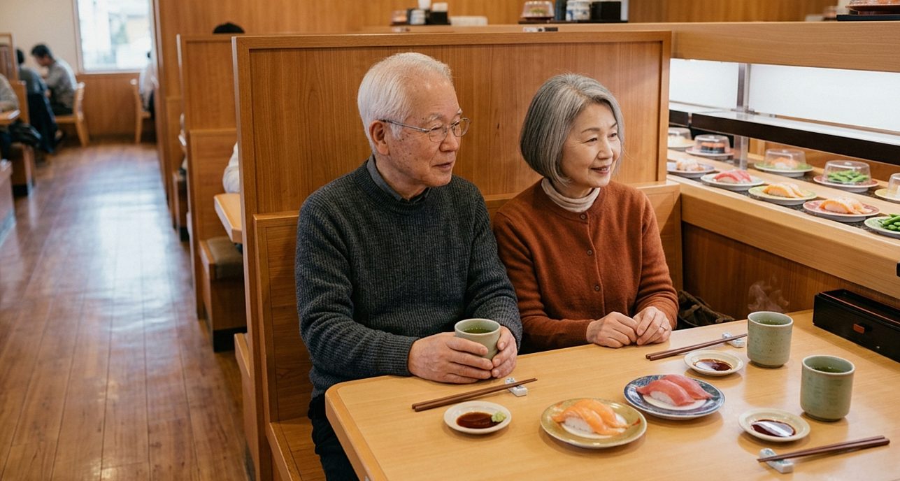 平日の昼に回転寿司店のボックス席でくつろぐ70代前半のご夫婦