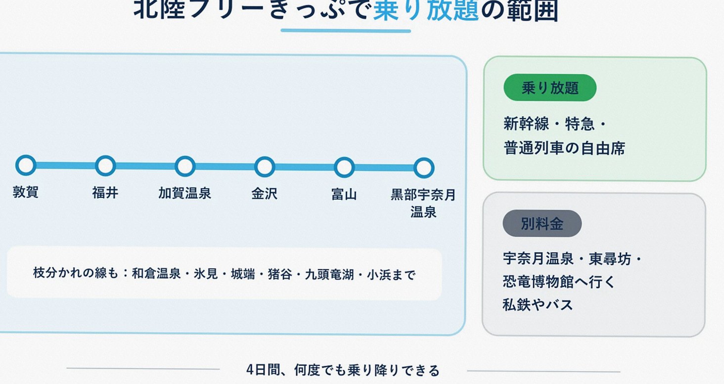 北陸おトクパスで乗り放題になる範囲と別料金の行き先を示した路線図