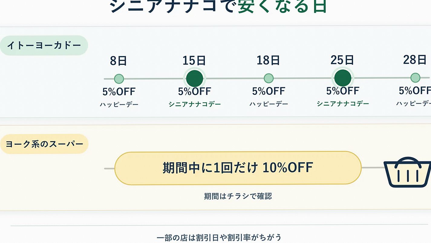 対象スーパーでシニアカードが割引になる日を1か月のカレンダーで色分けした図