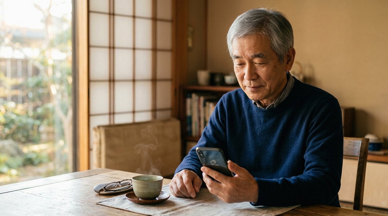 自宅でスマートフォンを見ながら飛行機の予約をする60代後半の日本人男性