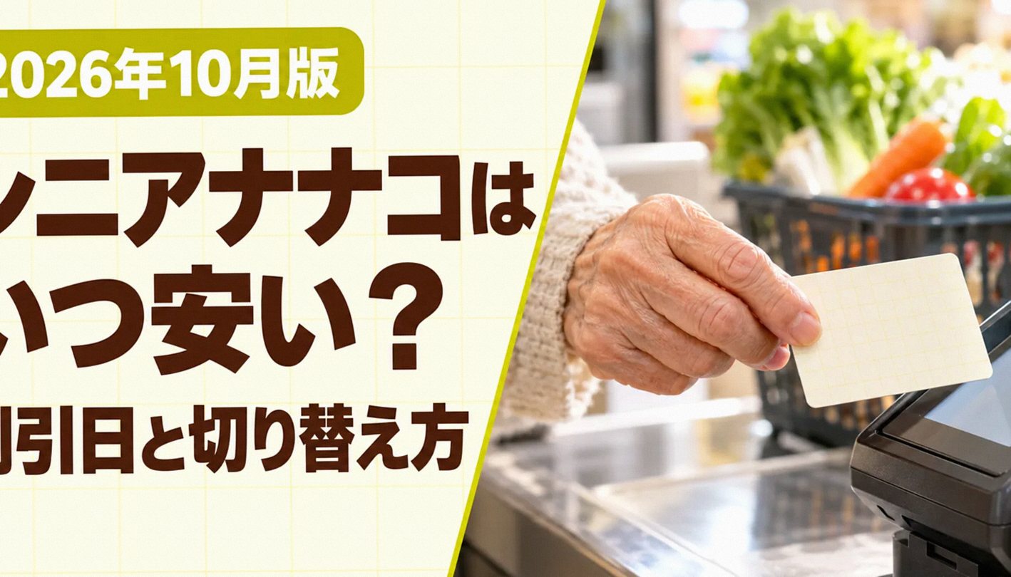 スーパーのレジで、カードを読み取り機にかざす手元と「シニア向け電子マネーカードはいつがお得？」の文字