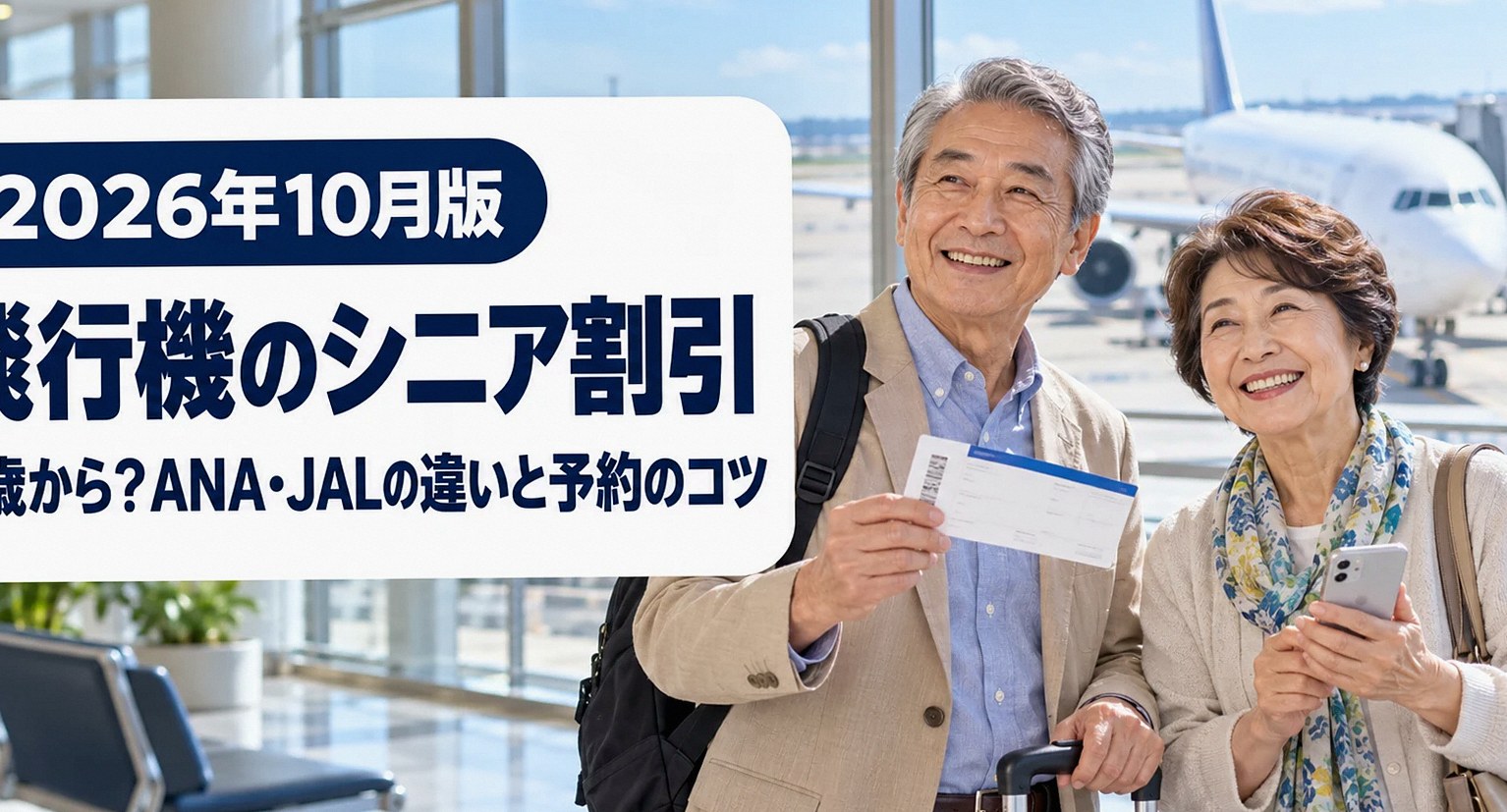 空港の出発ロビーで搭乗券とスマートフォンを手に笑顔の60代の日本人夫婦