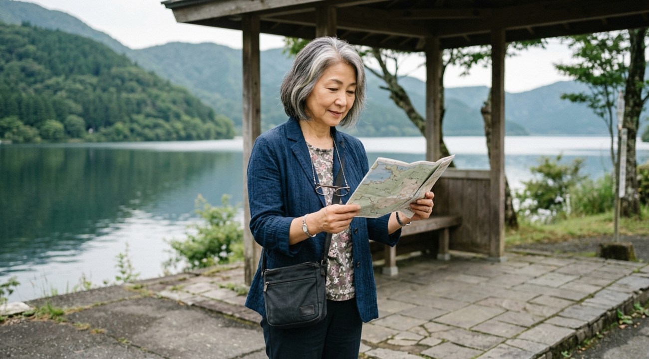 芦ノ湖畔のバス停で紙の地図を確認する60代の女性
