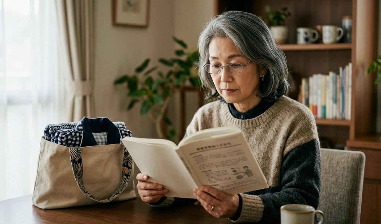 入院案内の冊子を手に入院の準備を進める60代の日本人女性