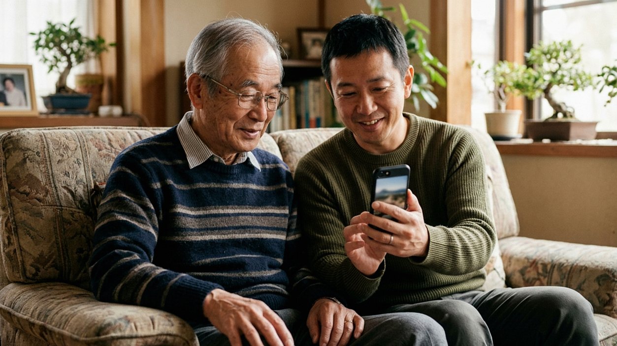 リビングでスマートフォンを一緒に見る70代の父と40代の息子