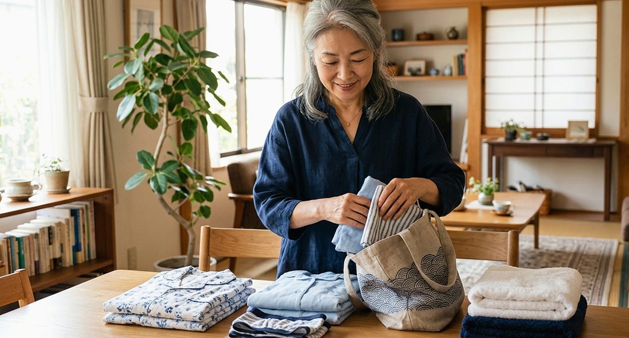 自宅でたたんだ着替えとタオルを袋に詰める60代の日本人女性