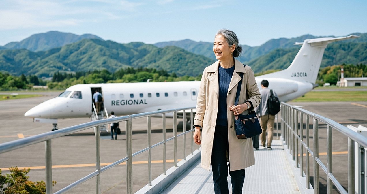 地方空港でコンパクトな機体に搭乗する60代の日本人女性