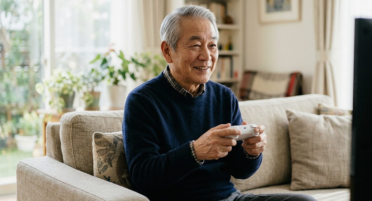 自宅のソファでテレビゲームを楽しむ70代の日本人男性