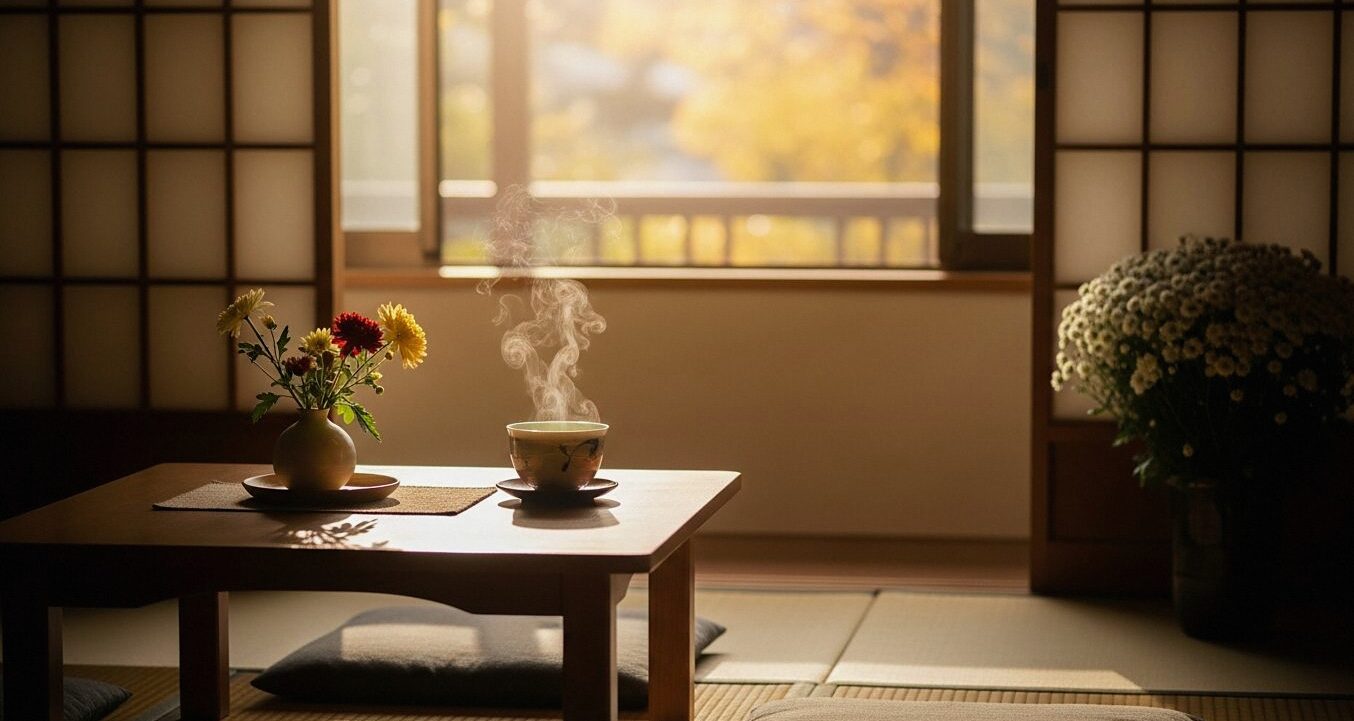 敬老の日をイメージした秋の温かな窓辺と季節の花