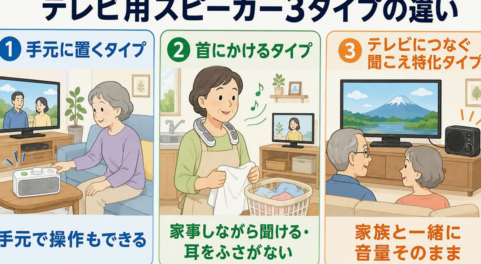 テレビ用スピーカー各タイプの違いを示す図