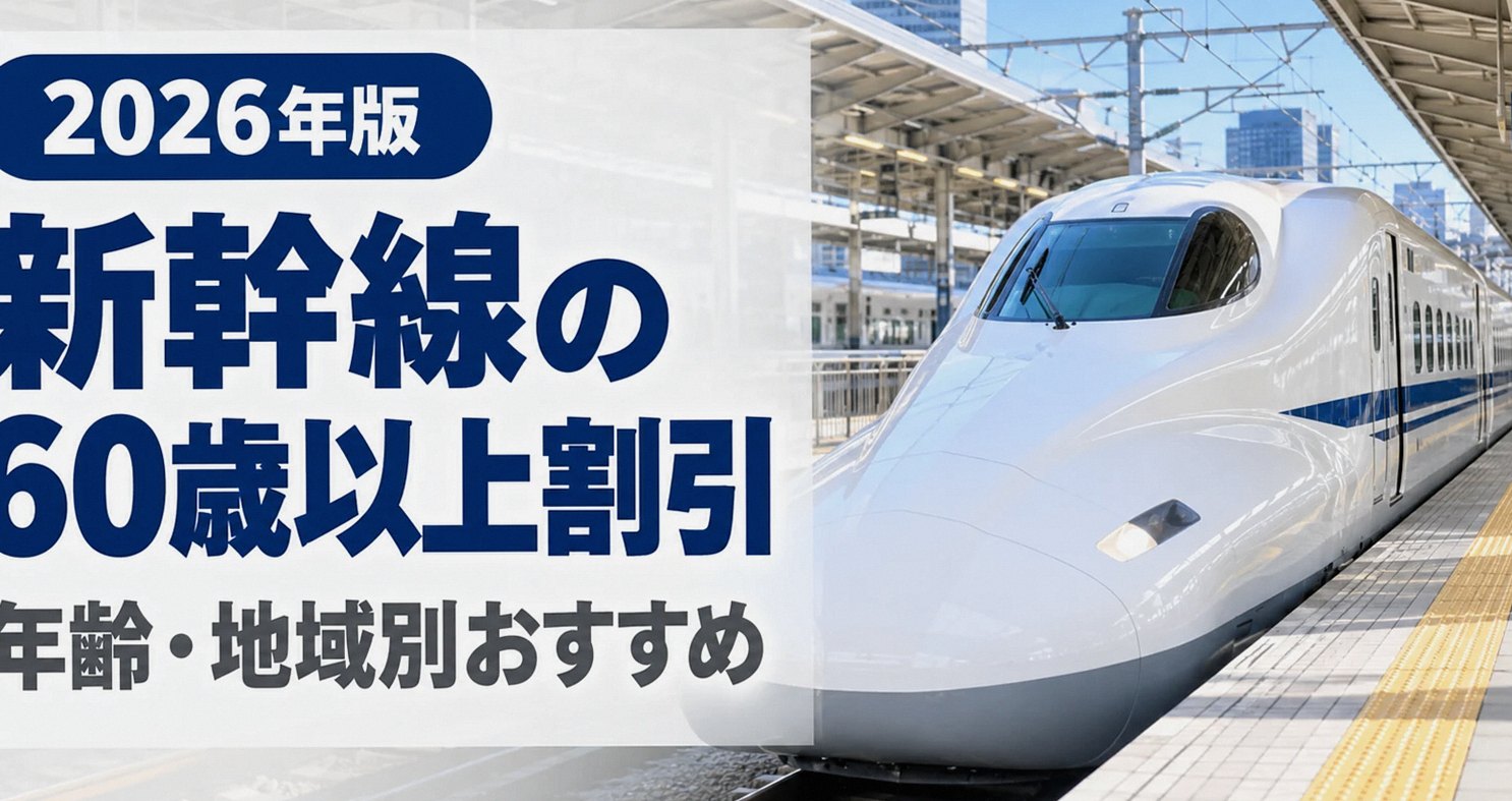 駅のホームに停車する新幹線と2026年版の新幹線シニア割引の案内
