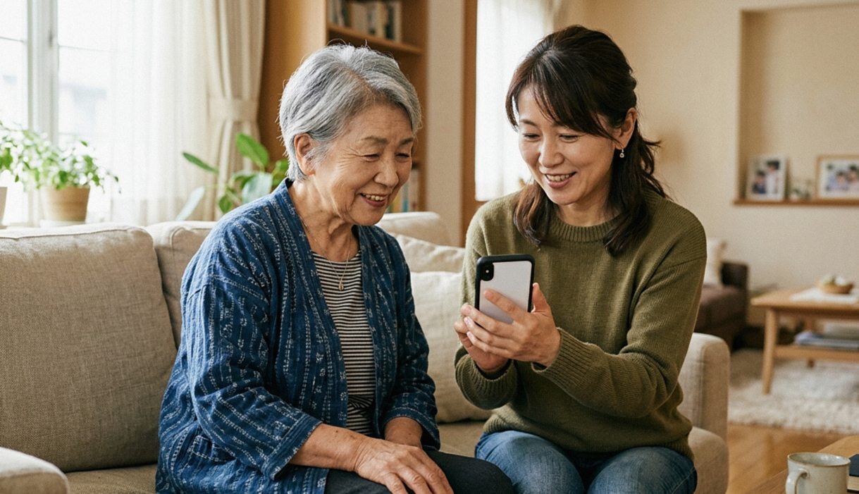 リビングでスマートフォンを一緒に確認する70代の母と40代の娘