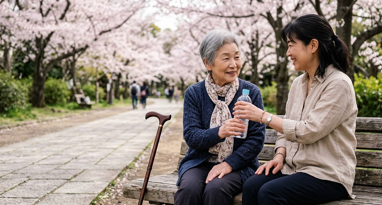 石畳の参道のベンチで休む70代の日本人女性と付き添う40代の娘