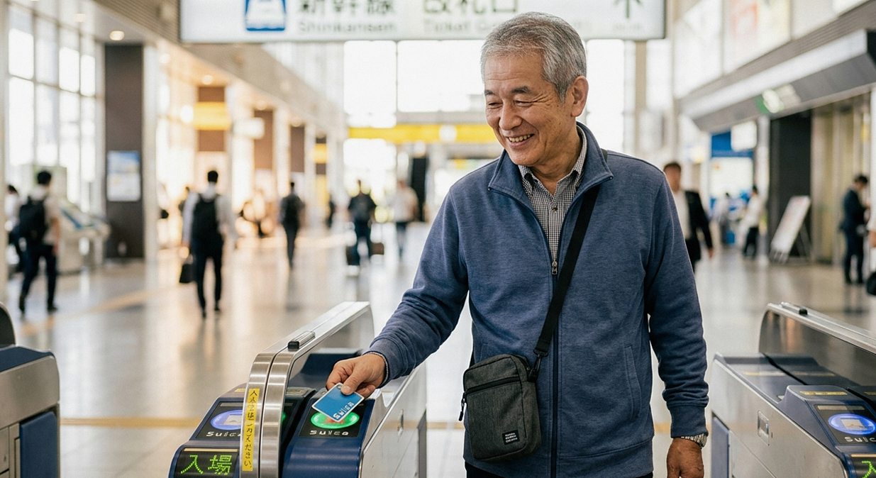 新幹線の改札でICカードをタッチする60代の日本人男性