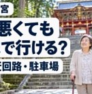 杖をついた母親と娘が古い石段の手すりの前で上り方を確かめている様子