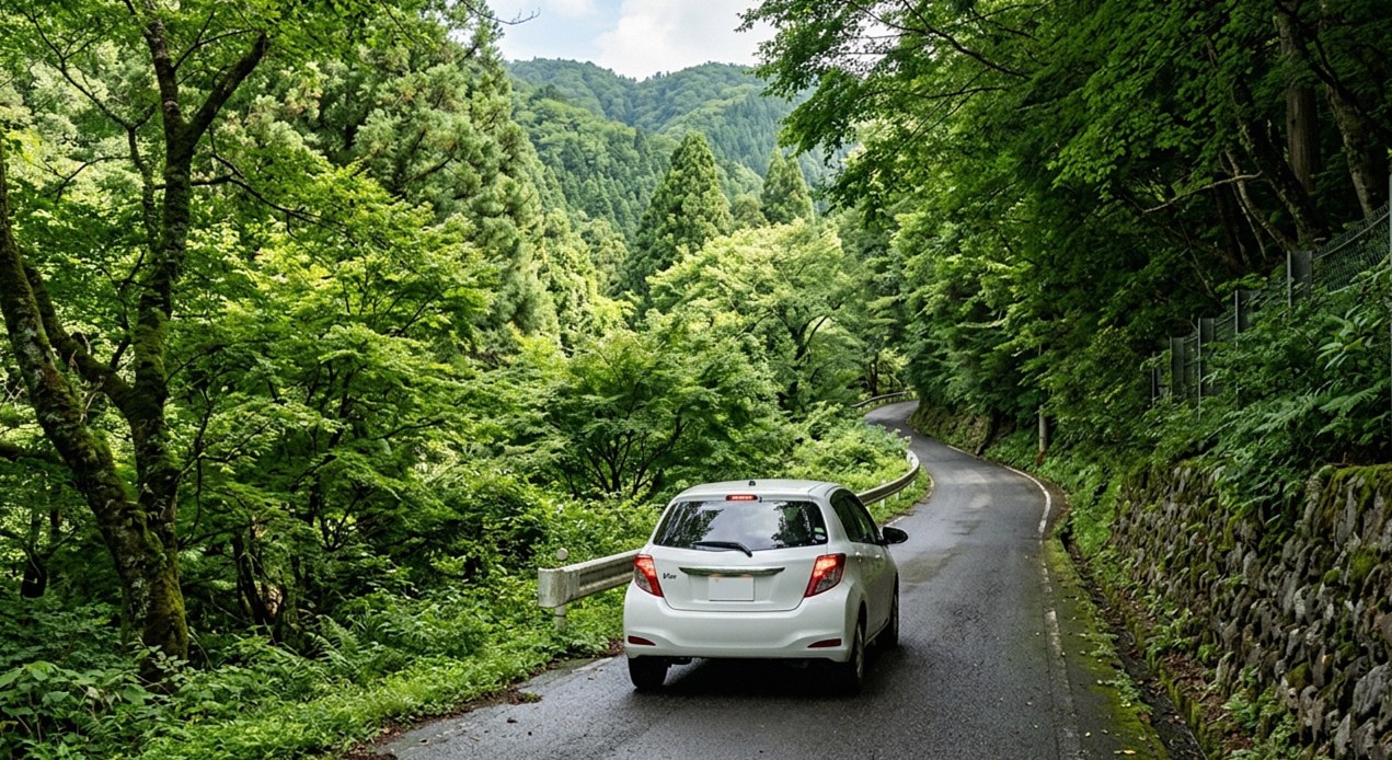 緑の木々に囲まれた細い山道をゆっくり進む白い乗用車