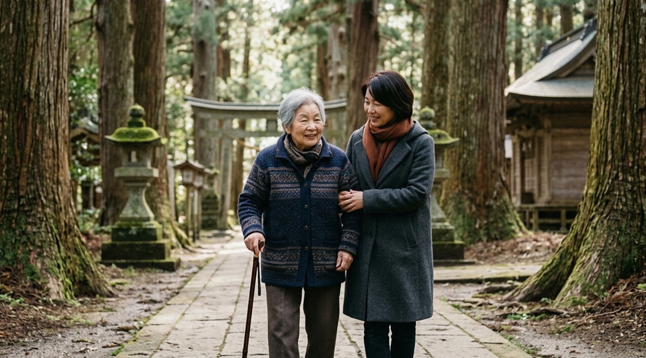 杉並木の参道を杖をつきながらゆっくり歩く70代の女性と、寄り添う40代の娘