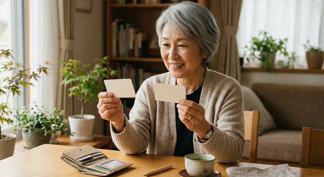 財布から2枚のカードを取り出して見比べる60代後半の女性