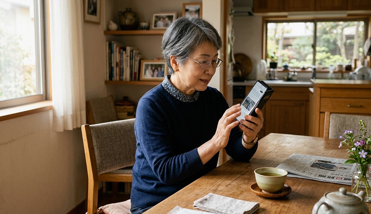 スマートフォンで新幹線の予約画面を確認する日本人シニア女性