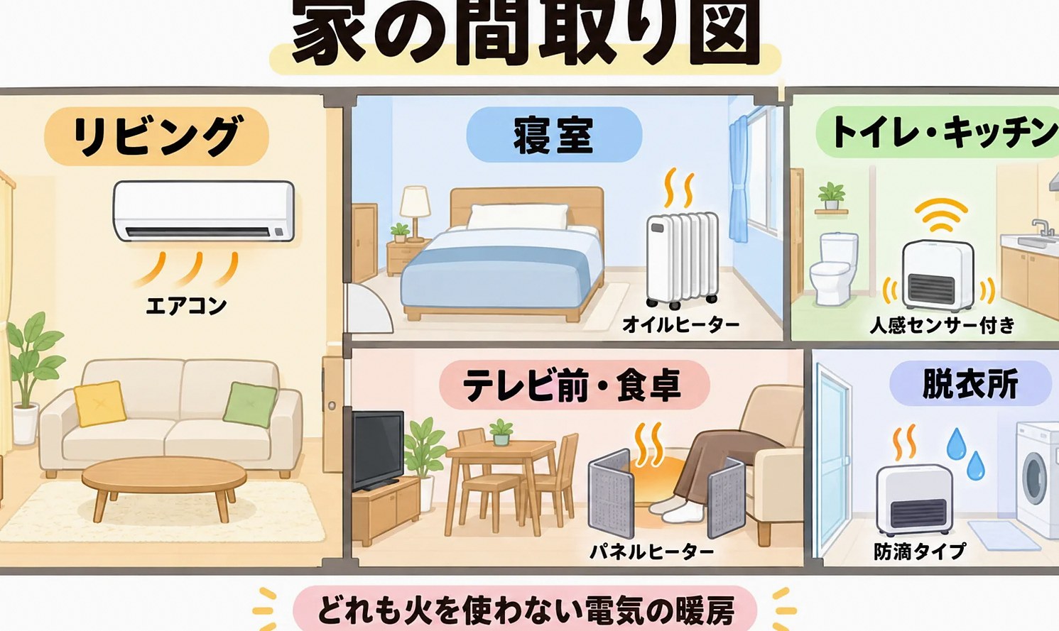 部屋ごとに適した暖房器具を示した住宅の間取り図