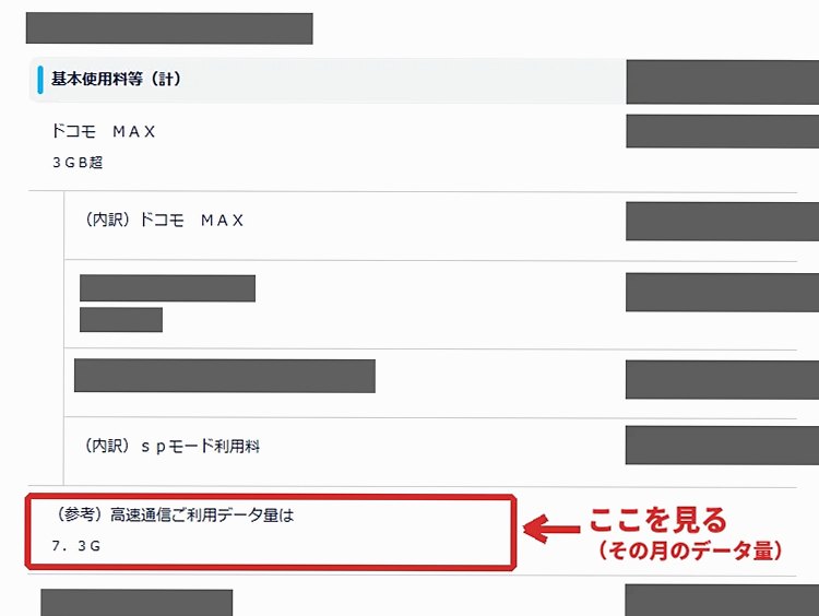 マイページのご利用料金の内訳にある「(参考)高速通信ご利用データ量」の行