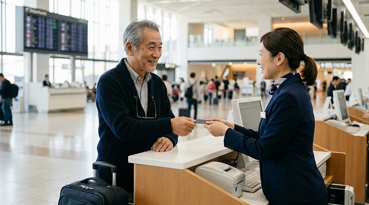 空港カウンターで係員に書類を提示する60代の日本人男性