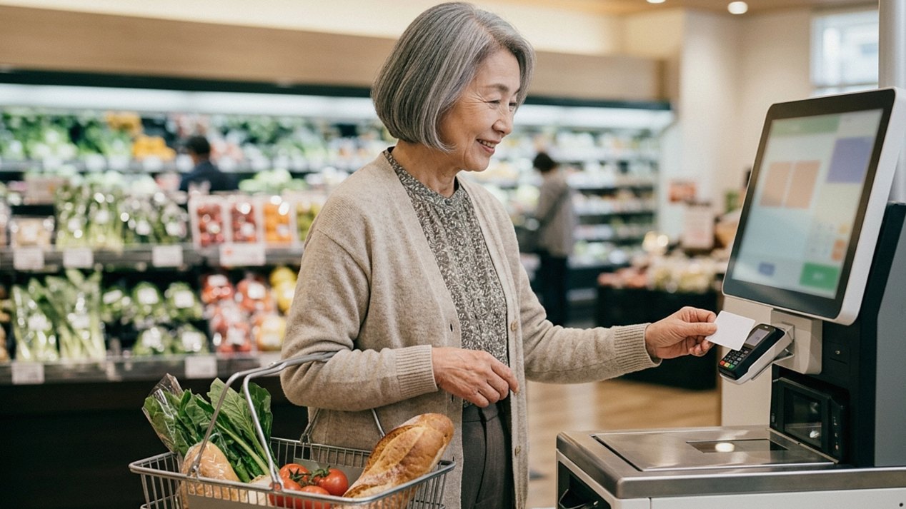 スーパーのセルフレジで、リーダーにカードをかざして支払う70代前半の女性