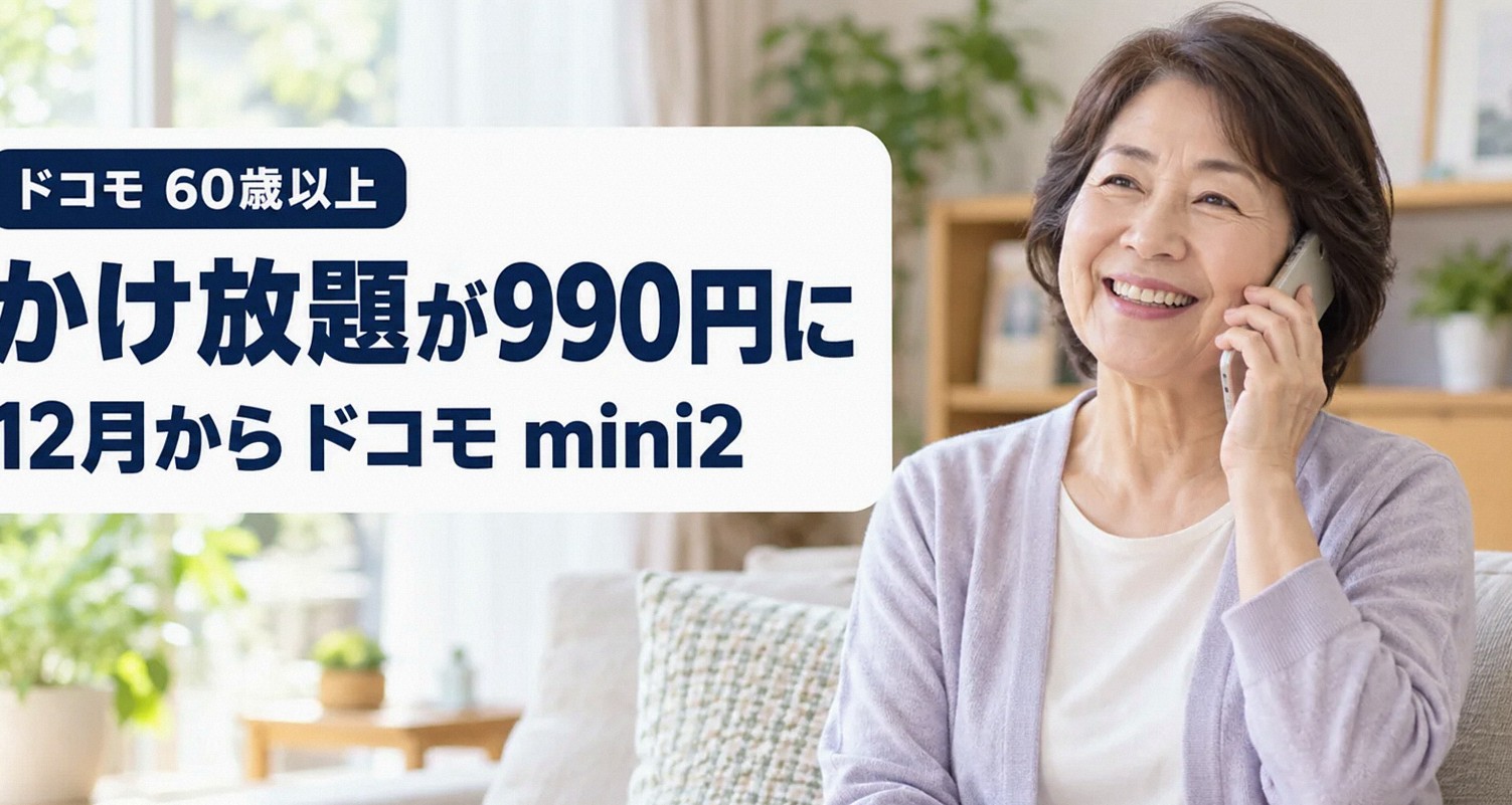 リビングでスマートフォンを耳に当てて家族と通話するシニア女性