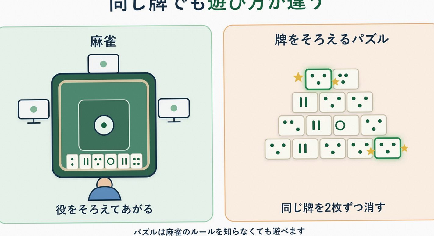 麻雀ゲームと牌合わせパズルの遊び方の違いを比較した図