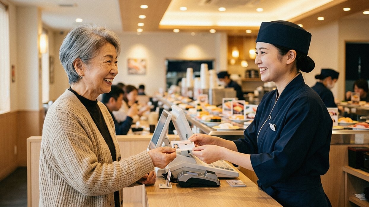店舗のレジで身分証を提示して優待カードを受け取る60代後半の女性