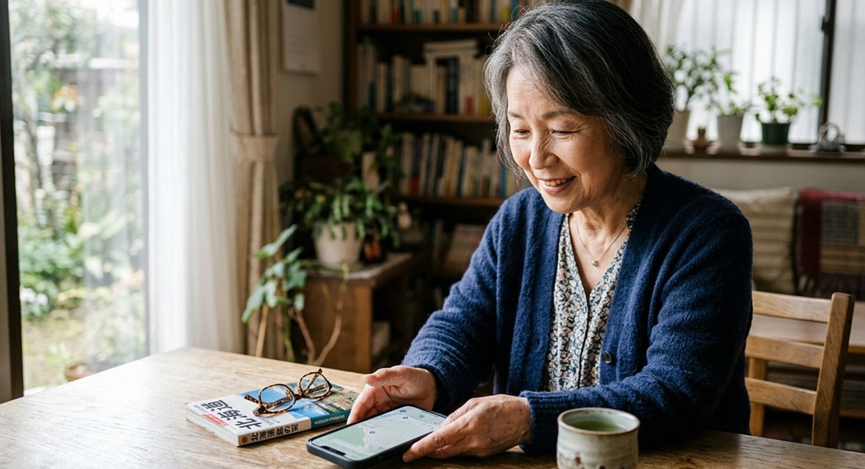 自宅でスマートフォンを見ながら旅行の計画を立てる60代の日本人女性