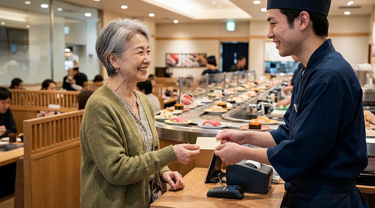 飲食店のレジで、スタッフから小さなカードを受け取る60代後半の女性
