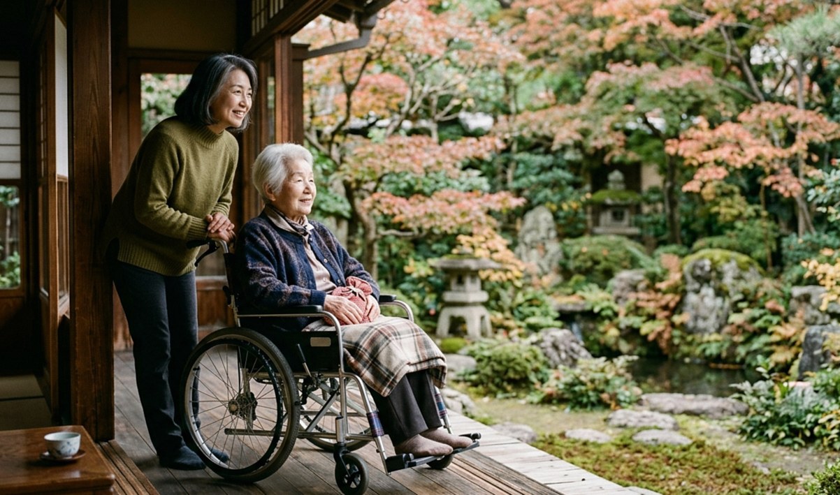 車椅子に乗った母親と娘が和風建築の縁側から庭を一緒に眺めている様子