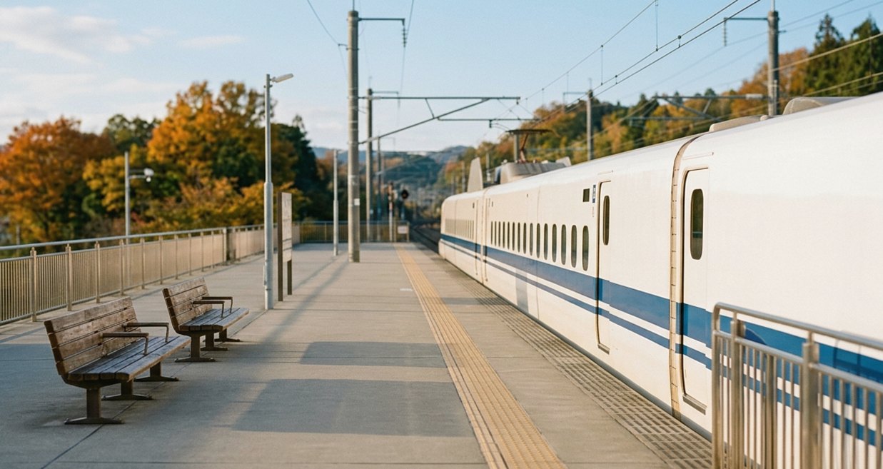 秋の朝、静かな駅ホームに停車中の新幹線