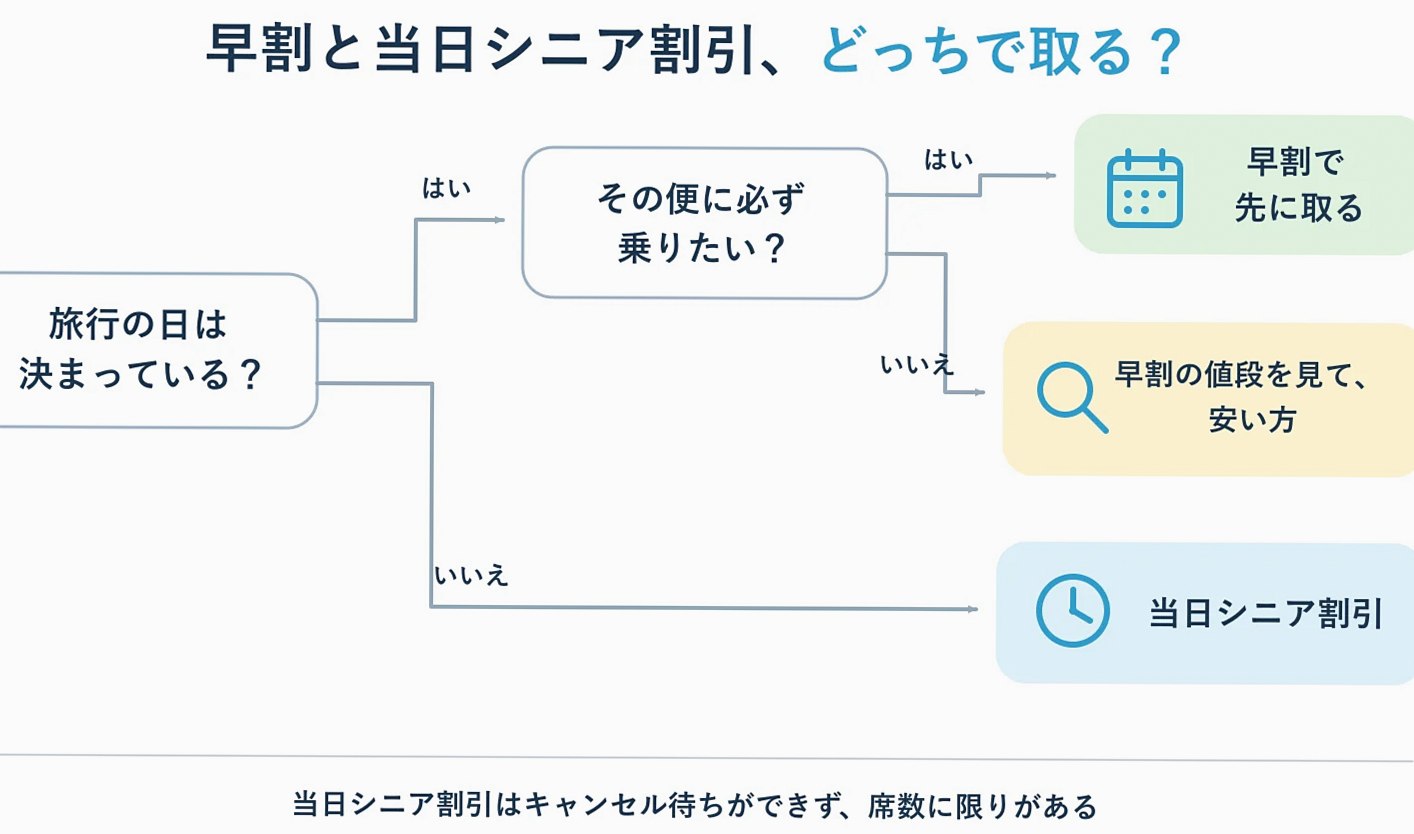 早割と当日シニア割引のどちらを選ぶかを示す分岐図
