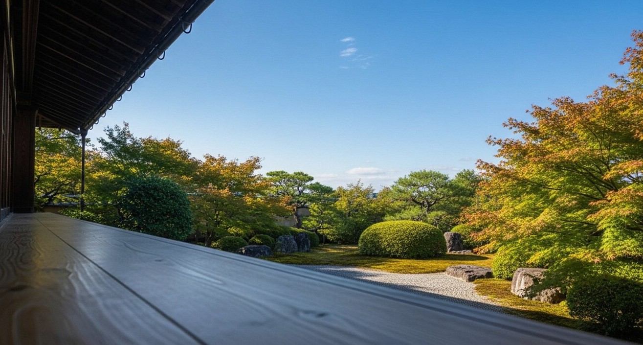 9月の澄んだ秋空と静かな縁側のある休日の朝