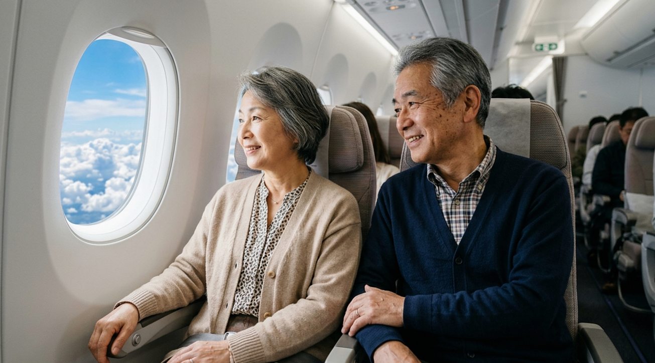 機内の窓側席で景色を楽しむ60代の日本人夫婦