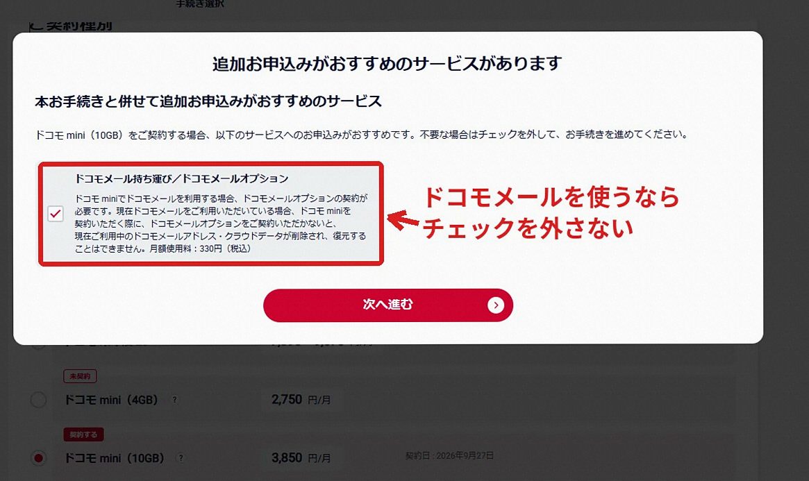 ライトプランへ変える申し込み画面に出たメール持ち運びオプションの案内